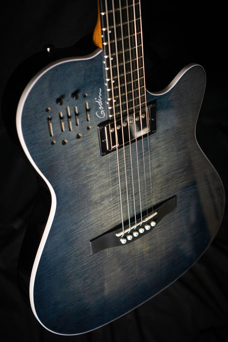 Godin A6 Ultra Denim Blue Flame Steel String Electro Acoustic Guitar - Acoustic Guitars - Godin